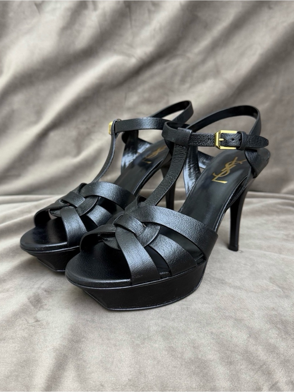 🚩steal Yves Saint Laurent Black Leather Woven T-Strap Platform Heels